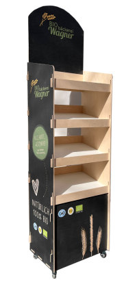 Nachhaltiges Holz-Regaldisplay für Bio-Produkte, in Birke mit schwarzem MDF-Druck, von holzdisplayshop.de